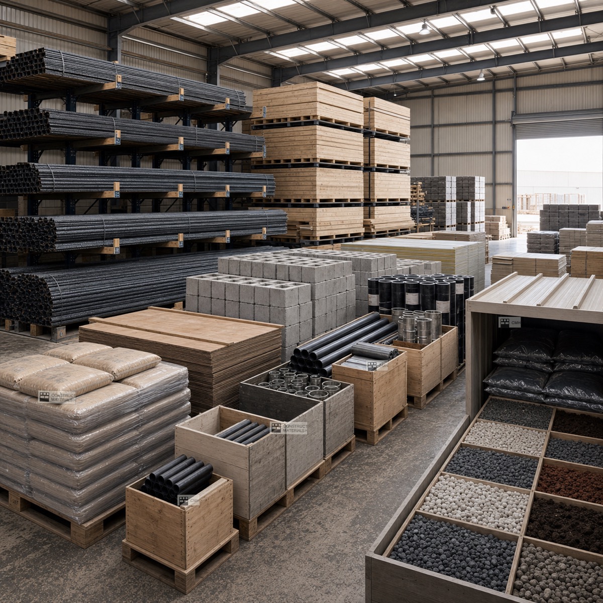 Covered CMH warehouse storage with steel, wood, blocks, aggregates, and building materials