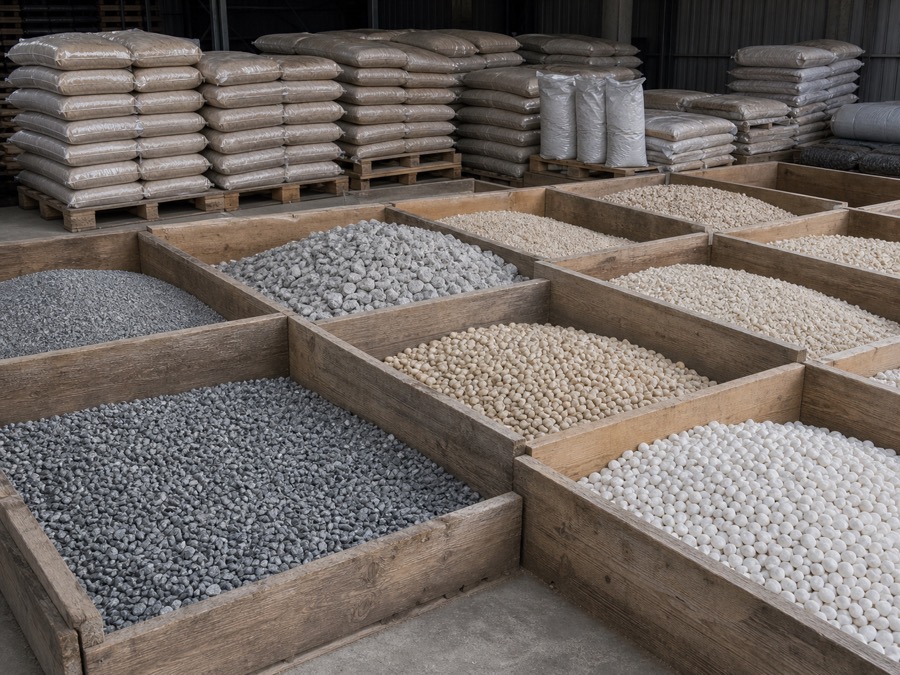 Warehouse storage with waterproofing rolls, insulation panels, adhesives, and general building supplies