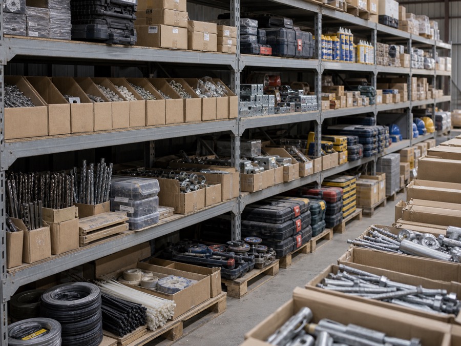 Warehouse shelves with construction hardware, tools, fittings, and consumables