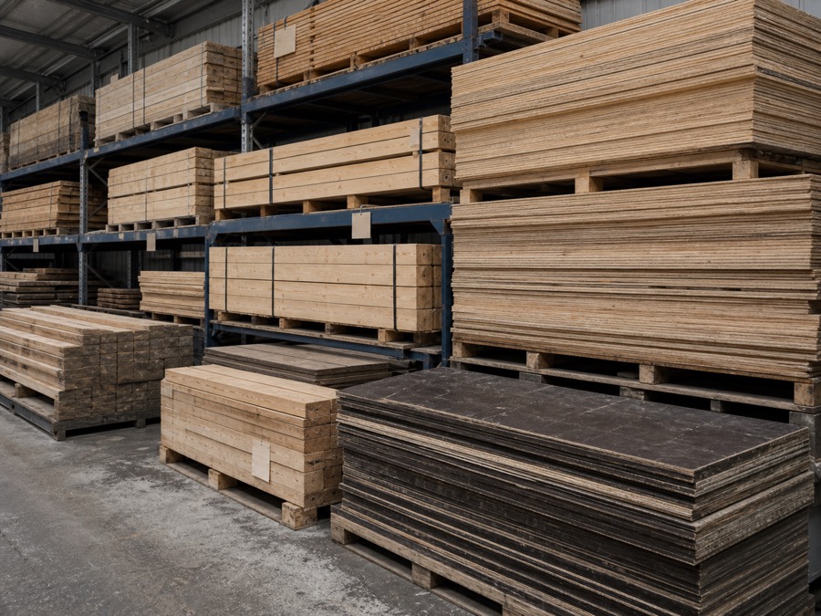 Warehouse stacks of plywood, timber boards, and formwork panels